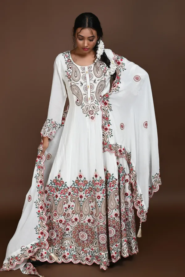 Machine Embroidery with Hand Work white Long Anarkali